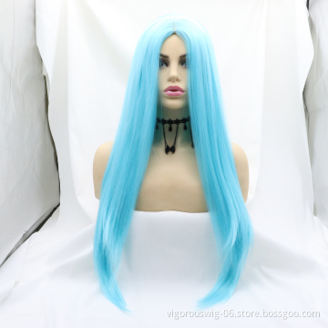 Vigorous high end blue premium fiber wigs cheap wig heat friendly synthetic long straight hair wigs for cosplay